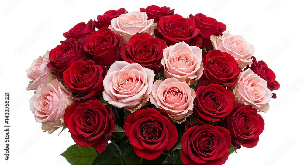A beautiful bouquet of red and pink roses arranged closely together on a black background with green leaves A beautiful bouquet of red and pink roses arranged closely together on a black background with green leaves