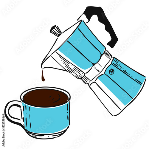 vector line work illustration of a blue vintage Espresso moka pot pouring coffee into an espresso cup. 