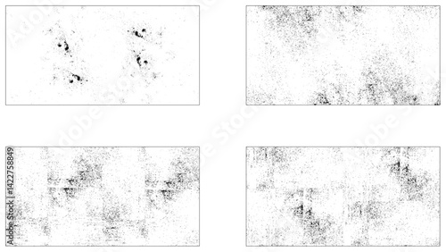 Grunge texture monochrome set elements with spotted canvases with traces soot or scratches caused by wear and tear vector illustration