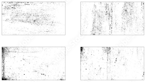 Grunge texture monochrome set elements with spotted canvases with traces soot or scratches caused by wear and tear vector illustration