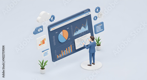 Isometric 3D Illustration: Businessman Analyzing Data on Interactive Dashboard