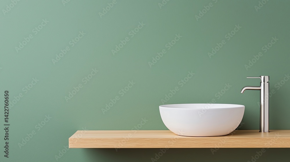 A minimalist scene featuring a white bowl sink on a wooden shelf against a green wall, emphasizing simplicity and modern design. A minimalist scene featuring a white bowl sink on a wooden shelf against a green wall, emphasizing simplicity and modern design.