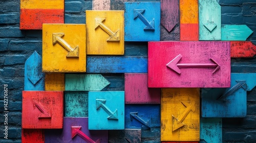 Colorful Directional Arrows on Vibrant Wooden Background