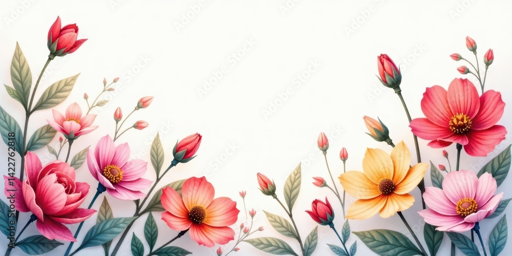 Obraz premium Elegant Floral Border Design Featuring Delicate Blooms and Buds in Vibrant Hues