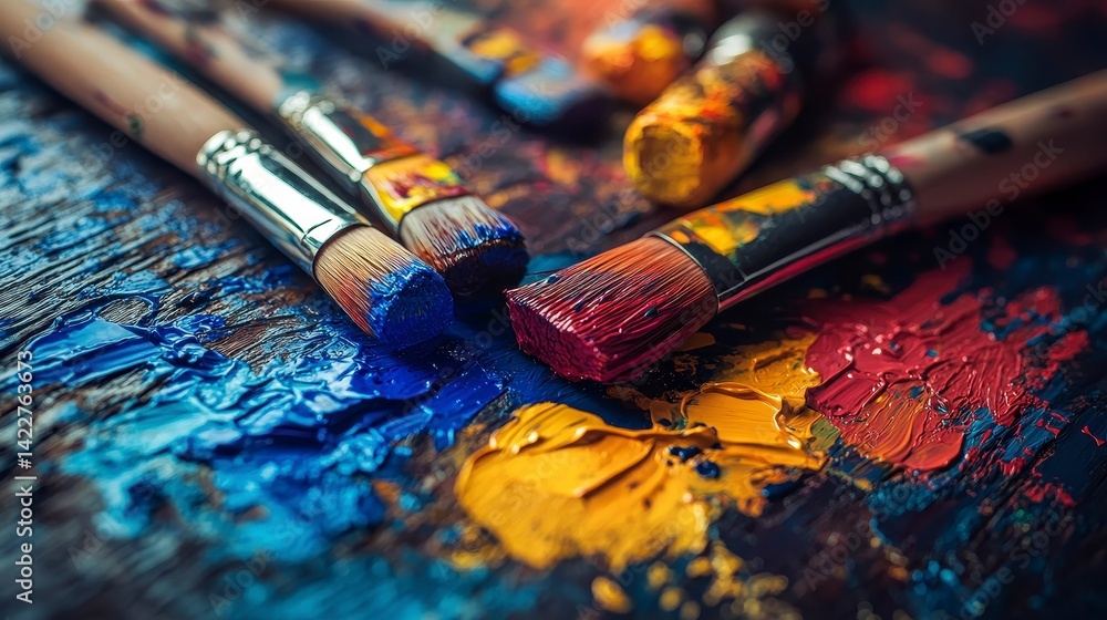 Fototapeta premium Colorful Paint Brushes and Splashes of Acrylic Paint on Canvas