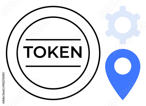 Circular token with bold text TOKEN, adjacent blue location marker and gear. Ideal for blockchain, cryptocurrency, digital services, navigation, technology systems, virtual assets, flat simple