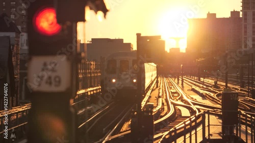 Train Approaching During Sunset In Brooklyn, New York City
