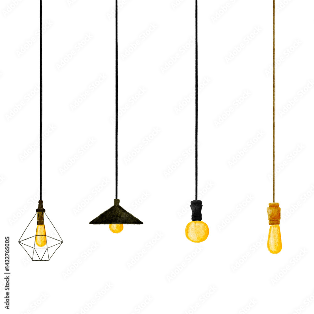 Naklejka premium シンプル 照明 ペンダントライト 水彩画 イラスト
