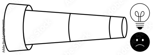 Telescopic lens aiming toward a light bulb and sad face, representing missed opportunities, lack of vision, or creativity. Ideal for strategy, focus, leadership, failure, innovation foresight