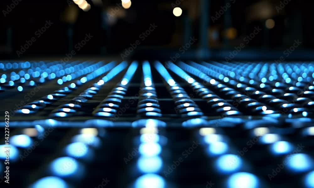 A digital grid of blue binary code extending into the distance, representing data flow and storage in an abstract style. The background is dark with light lines leading to infinity.