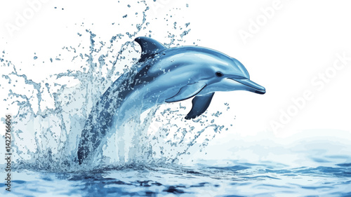 A detailed close-up photo shows a dolphin leaping out of the water against a pure white background, showing its dynamic movement. The dolphin's smooth, streamlined body shows height.