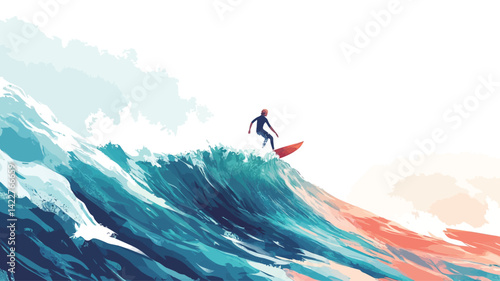 A stylized illustration of a lone surfer. The art is minimalist, with a limited color scheme of mostly blue, turquoise, and white.