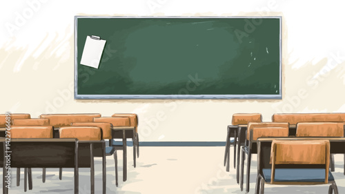 This image shows a digital illustration of an empty classroom. The focal point is a large rectangular green chalkboard mounted on a plain white wall. A blank piece of paper is taped to the wall.