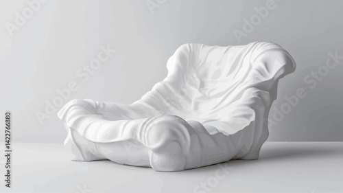 A high-key studio photo shows a unique sculptural chair, rendered entirely in off-white. The chair��s form is highly abstract, resembling draped fabric or sculptural clay.