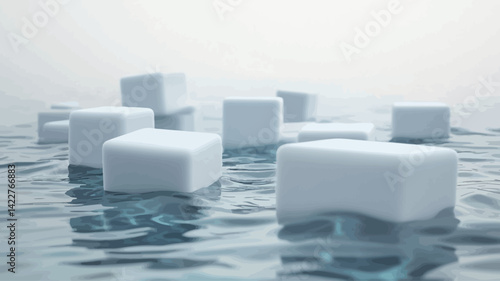 The work presents a minimalist composition of numerous white cubes of ice partially submerged in gently rippling water. The cubes vary slightly in size and position.