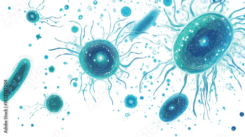 A set of high-resolution digital illustrations of microscopic cell structures. The cells are rendered in turquoise and cyan tones.