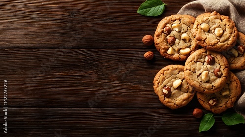 Freshly baked homemade cookies packed with a variety of toasted nuts and semisweet chocolate chips served on a rustic wooden table with fresh green leaves