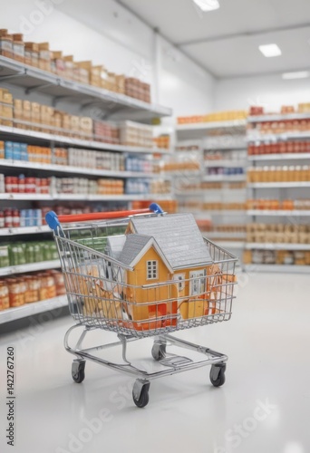 Wallpaper Mural Small house model in a supermarket shopping cart against a white background ,  house hunting,  ecommerce,  new home Torontodigital.ca