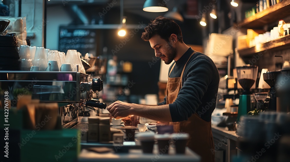 A handsome young bartender works indoors at the bar, smiling as he serves a drink to people sitting nearby A handsome young bartender works indoors at the bar, smiling as he serves a drink to people sitting nearby