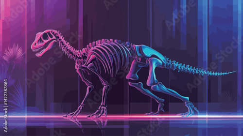digital 3D rendering of a dinosaur skeleton in vivid neon pink and purple hues. The skeleton is in a dynamic pose, suggesting movement. The background is an almost dark background.