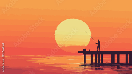 A digital illustration of a stylized sunset scene. The color palette is dominated by warm oranges and yellows, creating a vibrant and saturated effect. The sun is rendered as a large,