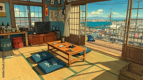 Japanese home, harbor view, sunny day