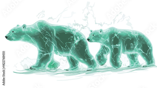 The painting shows two polar bears, an adult and a cub, rendered in a striking style. Their forms appear translucent, with a crystalline blue-green glow from within.
