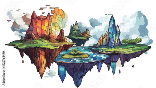 A digital painting depicts four different floating islands, each representing a classical element. Fire Island is rendered in fiery orange and red, showing volcanic peaks and lava flows.