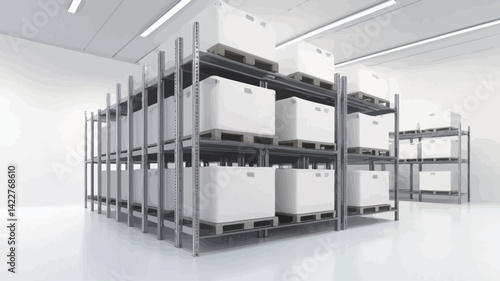An image shows a carefully organized industrial storage unit. The main focal point is a large modular metal shelving system filled with uniformly sized white bulk containers.