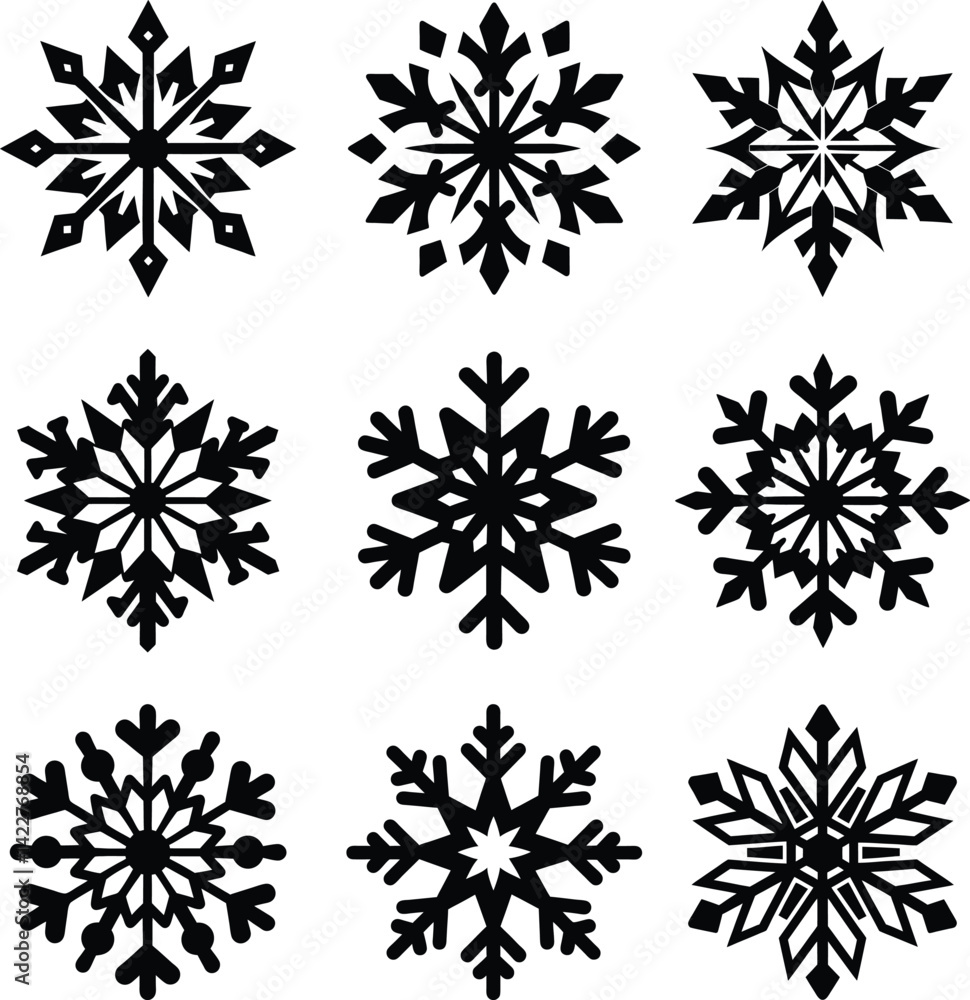 Set of 9 snowflakes icon silhouette on white background. Silhouette flat snow icons. Black element for Christmas banner, cards. New year ornament. Vector illustration. Set of 9 snowflakes icon silhouette on white background. Silhouette flat snow icons. Black element for Christmas banner, cards. New year ornament. Vector illustration.