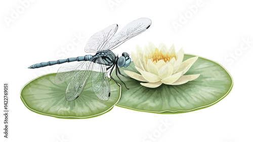 A detailed illustration shows a dragonfly gracefully perched on a bright yellow water lily. The dragonfly's translucent wings display intricate veining and are rendered with subtle shading.