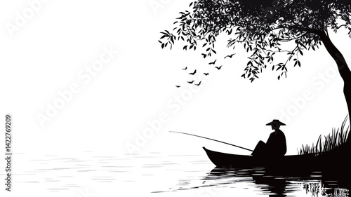 The work presents a minimalist monochrome composition depicting the silhouette of a fisherman sitting in a small boat on calm water. The dark outline contrasts with the lighter outline.