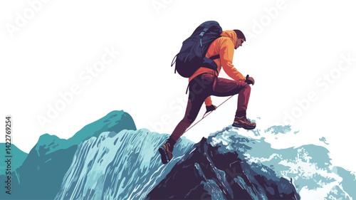 A stylized vector illustration of a lone hiker climbing a rocky mountain. The mountain is colored in cool blues and greens, while the peak is colored in warm orange.