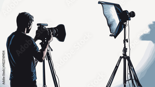 This photo shows a male photographer silhouetted in a medium shot against a bright white background, with his body slightly turned away from the camera. He holds a professional-grade camera.