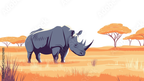 A stylized vector illustration of a lone rhino standing in the golden African savannah. The rhino is rendered in soft blue-grey colors in a flat, minimalist design.
