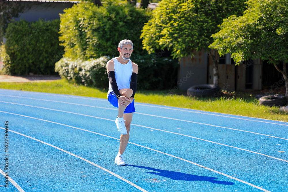 Obraz premium Senior Asian athlete doing stretching warm up for running in the professional blue track for professional exercise, sport training workout and healthy for longevity concept