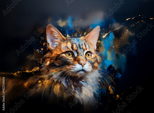 A feline stares intently, captured in a vibrant artistic style. Sprays of gold and blue surround it, creating an expressive and colorful portrait. The cat's fur is detailed.