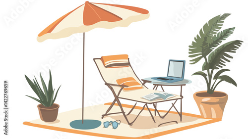 A stylized illustration of a relaxing seaside workspace. It features a beige deck chair next to a small side table with a laptop. An orange and white striped beach.