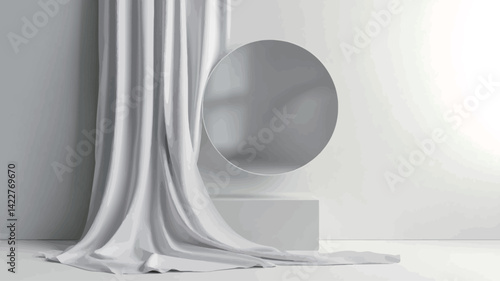 The image showcases a minimalist composition featuring a flowing white curtain draped to the left, partially obscuring a circular cutout in a white wall.  The circular cutout reveals a subtle play