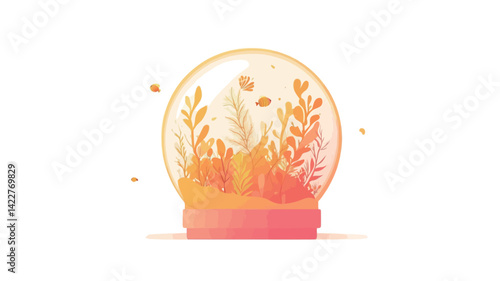 This digital illustration depicts an autumn scene wrapped in a circular frame in a minimalist style. The artwork features stylized plants and leaves in soft, warm gradient colors.