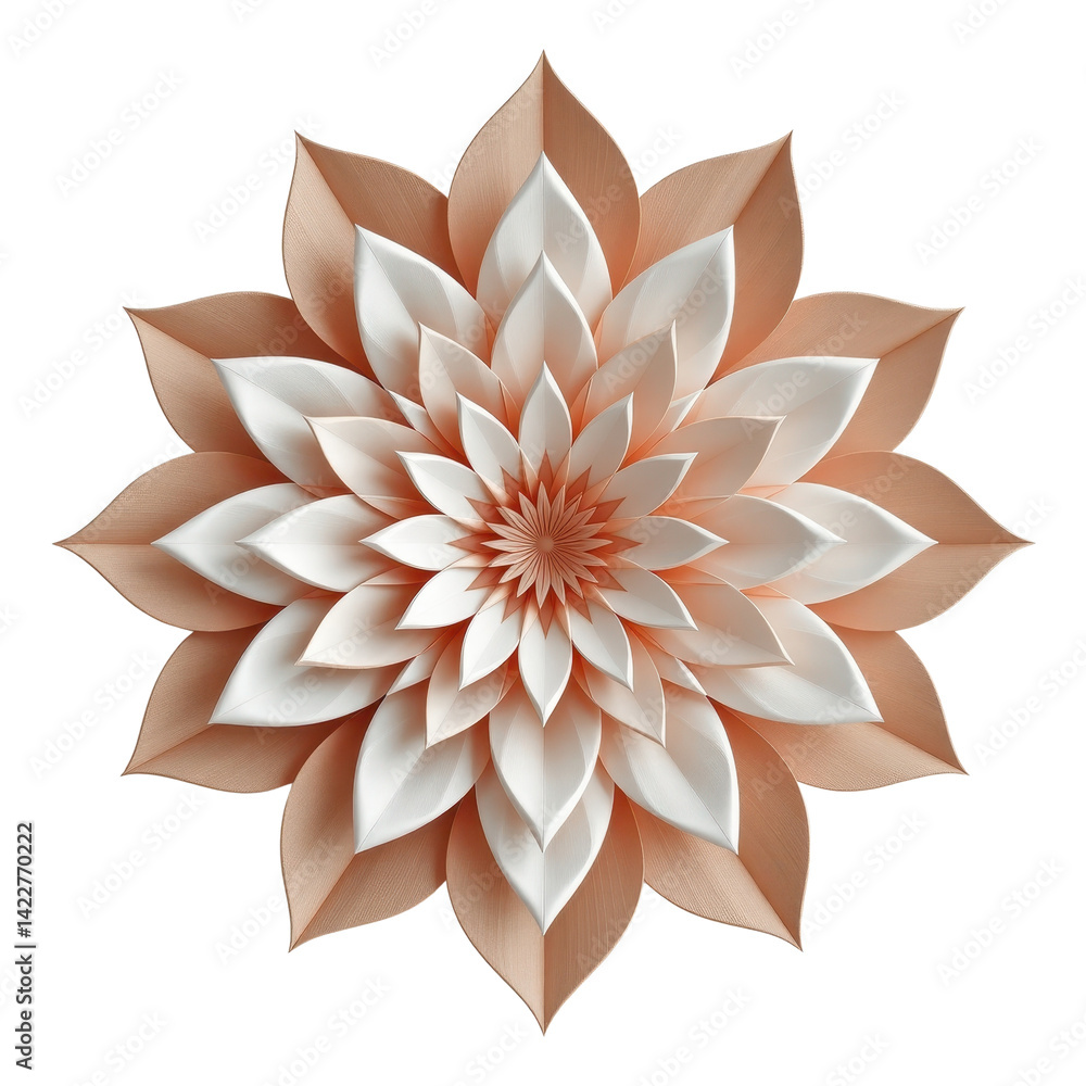 A symmetrical paper flower design with layered petals in shades of peach and white, creating an intricate, visually appealing pattern. A symmetrical paper flower design with layered petals in shades of peach and white, creating an intricate, visually appealing pattern.