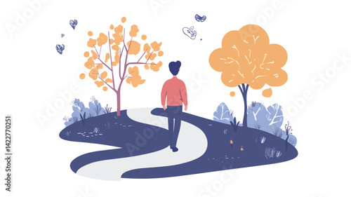 The illustration stylized a man with short dark hair and a reddish-pink long-sleeved shirt, walking toward the viewer along a winding light blue path.