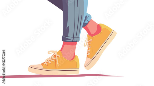 A digitally rendered illustration shows a pair of legs in jeans rolled up at the ankles and bright yellow canvas sneakers with white soles and laces.