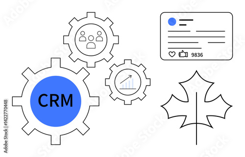CRM inside gears, bar chart, social media profile card, leaf outline symbolizing growth, connected ideas. Ideal for business, analytics, social media, optimization digital marketing process