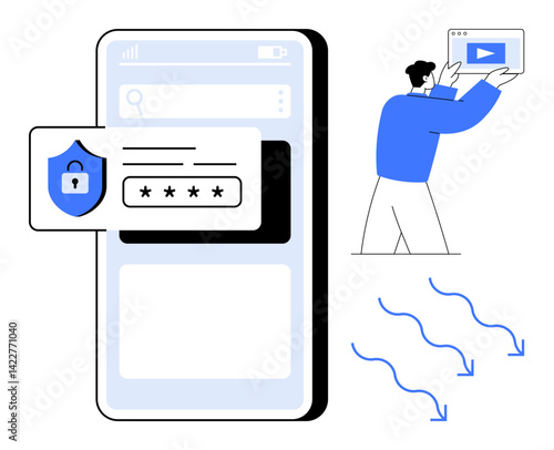 Digital login form with password field and security icon, person holding video interface. Ideal for technology, security, data privacy, interface design, user interaction, streaming, simple landing