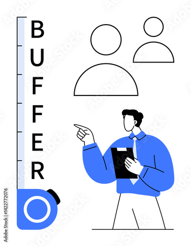 Businessman pointing to buffer meter gauge while holding a clipboard, accompanied by user icons. Ideal for teamwork, planning, resource management, leadership, communication, training strategy. Flat