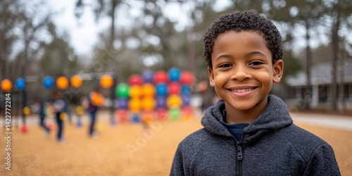 A young boy is smiling and wearing a black hoodie