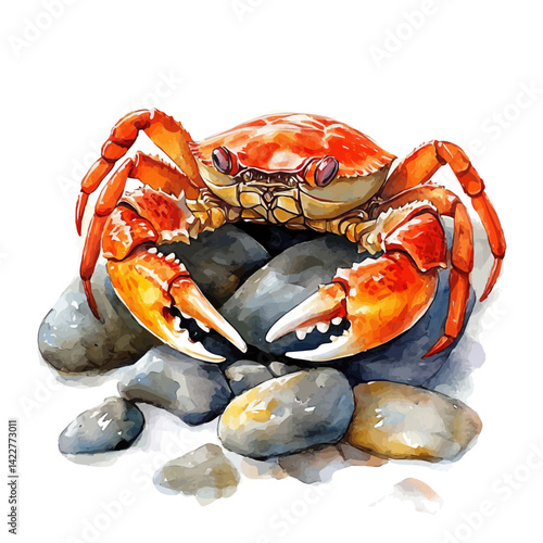 watercolor of Crab Crawling Over Rocks, vector, isolated on a white background.