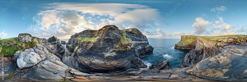 Fototapeta premium Panoramic coastal view of dramatic cliffs, ocean waves, and blue sky.
