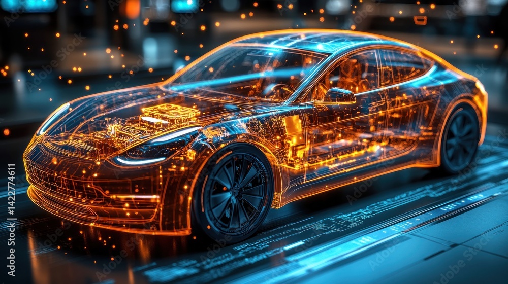 Futuristic Electric Car: A Digital Hologram Unveiling Inner Mechanics Futuristic Electric Car: A Digital Hologram Unveiling Inner Mechanics